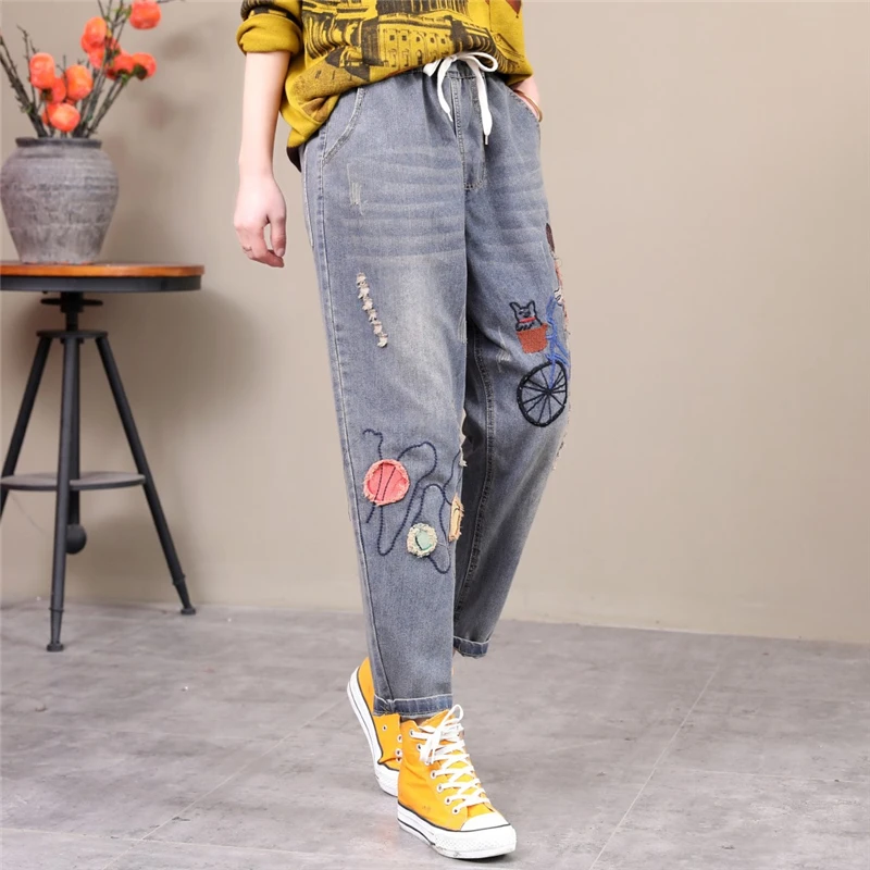 

Women's Denim Pants Cartoon Embroidery Pockets Jeans For Girl 2020 Spring New High Waisted Streetwear Straight Pant MERRY PRETTY