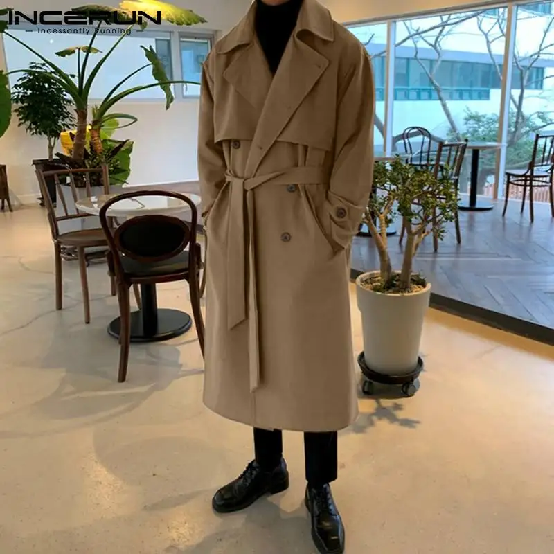 

INCERUN Fashion Men Long Style Trench Lapel Long Sleeve Loose Double Breasted Coats Streetwear 2021 Casual Men Windbreaker S-5XL