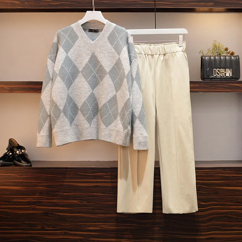 

Newest Autumn Winter Two Piece Set Women Knitted V-neck Pullover Sweater + Elastic Waist Wide Legs Woolen Pants Suit Female