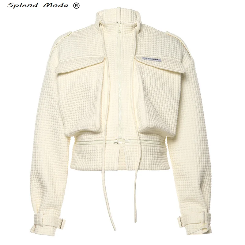 

Женское однотонное пальто на молнии с карманами и воротником-стойкой