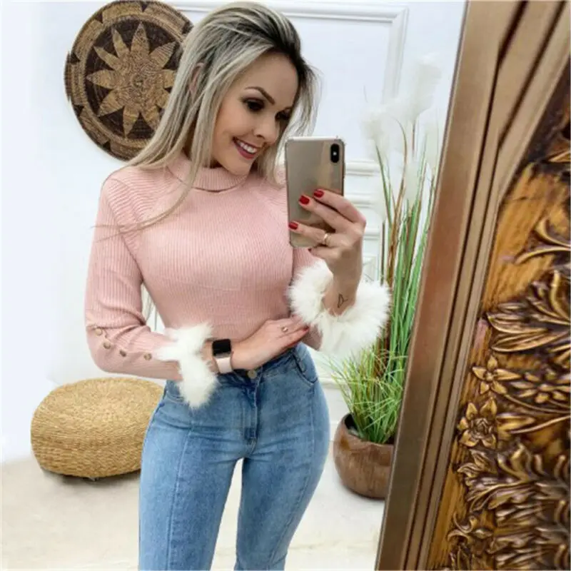 2019 Newest Hot Women Long Flare Plush Sleeve Turtleneck Knitted Sweaters Jumper Warm Knitwear Female Ladies Slim Winter Wear | Женская