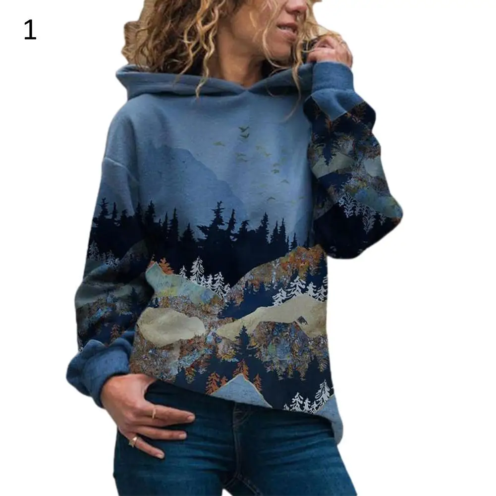 

50% New Arrival !!! Autumn Women Landscape Mountain Printed Long Sleeve Hooded Sweatshirt Hoodie
