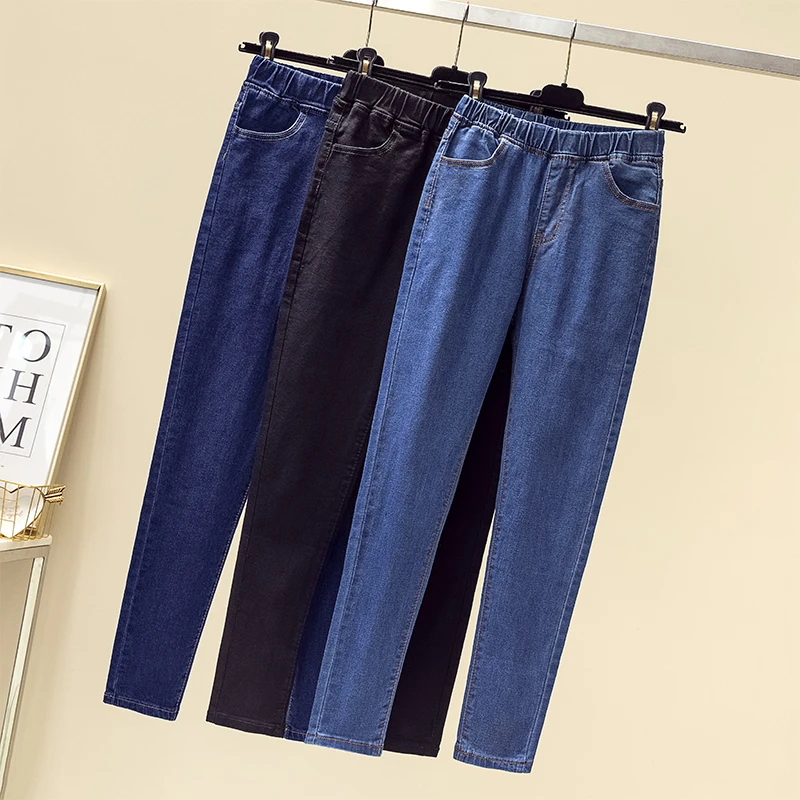 

Skinny Jeans Woman Ankle length Button Softener Skinny Pencil Pants black blue 5Xl