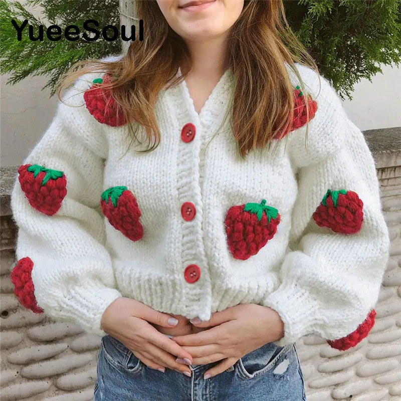 

Elegant Strawberry Decoration Cardigan Sweaters for Women Fashion Single Breasted Loose V-Neck Coat Autumn Clothing New