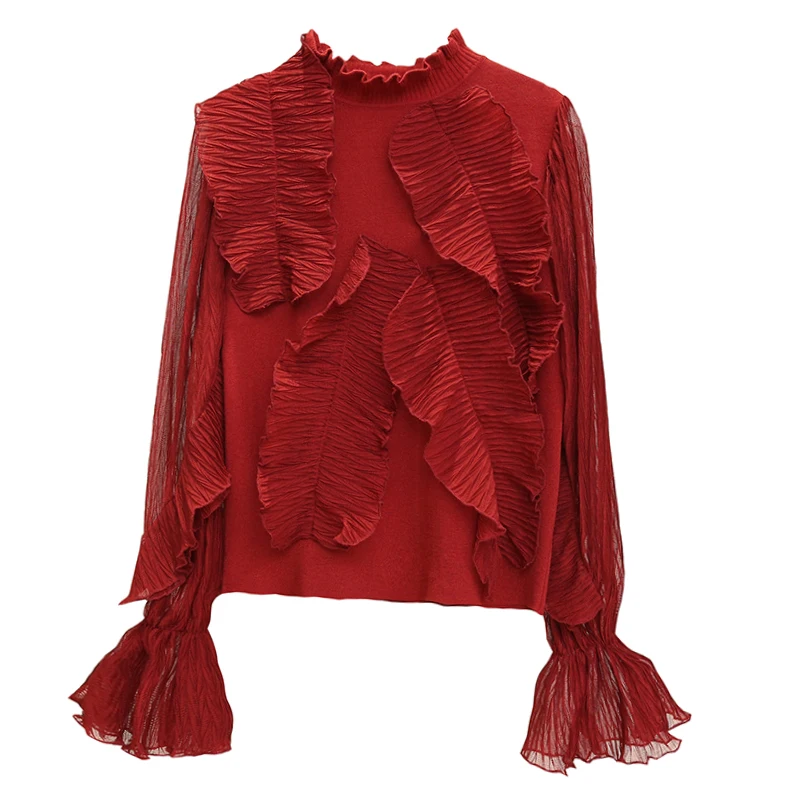 

Ruffles Lace Women Blouse Flare Sleeved Solid Patchwork Knitted Sweet Office Lady All Match Elegant Pulls Tops