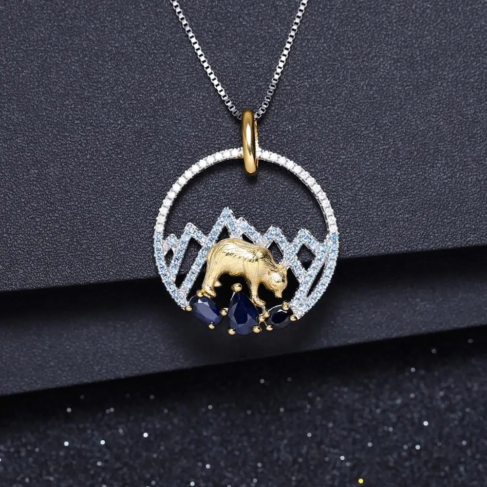 GEM'S балет 1.02Ct 925 пробы Серебряный Натуральный сапфировый ручной работы Снежная гора Полярный медальон в виде медведя Ожерелье для женщин ювелирные изделия