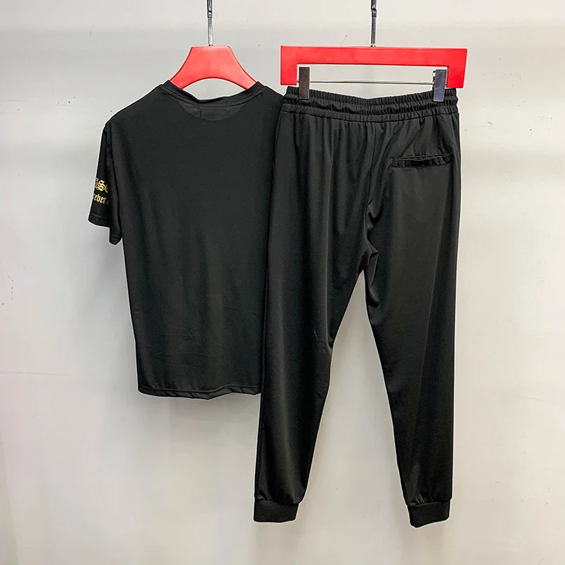 

Europe station men's summer 2021 new casual short sleeve Shorts Set hot drilling wings printed letter two piece set