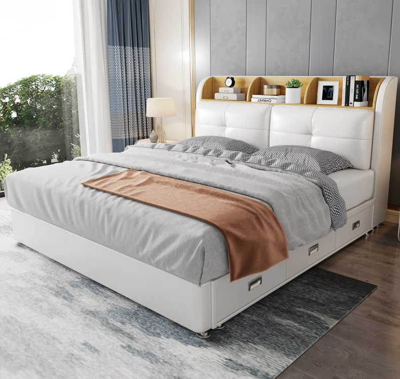 

Tatami leather headboard leather modern simple double bed light luxury master bedroom North European style storage wedding bed