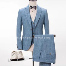 3Pcs Ligh Blue Jacket Pants Vest Peak Lapel Blazer Trousers Groomsmen Tuxedo Best Man Suit For Wedding Coat+Pants+Tie+Waistcoat (1)