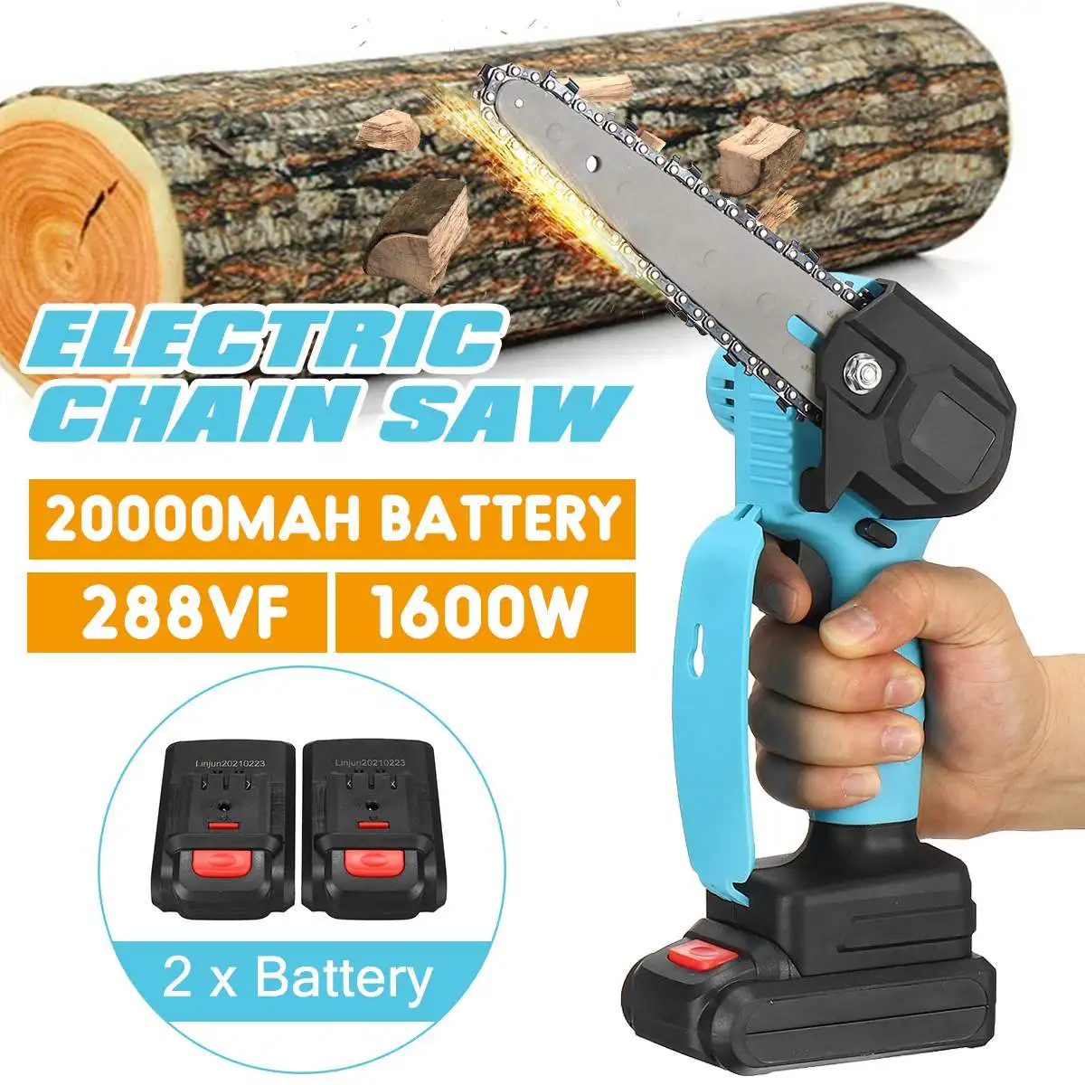 

288V 1600W Electric Chain Saw Chainsaw with 2pcs Battery Rechargeable Wood Cutter Removable Garden Tools Woodworking Chainsaws