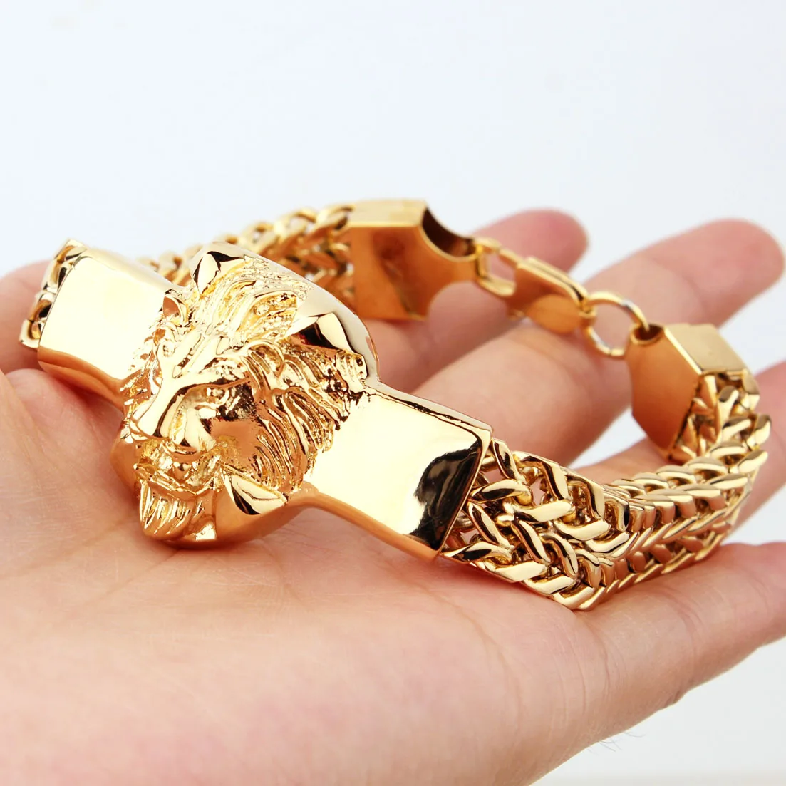 

Granny Chic Top Quality Lion Head Figaro Rolo Chain Bracelet for Men Stainless Steel Gold Tone Hip Hop Cuff Jewelry 22cm