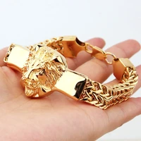 granny chic top quality lion head figaro rolo chain bracelet for men stainless steel gold tone hip hop cuff jewelry 22cm