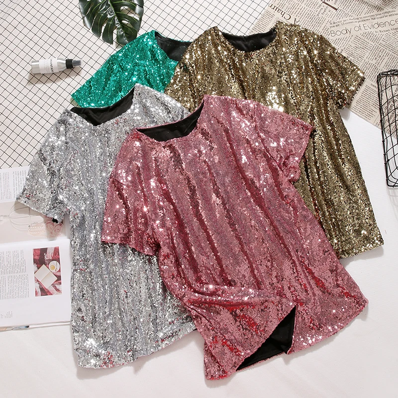 Футболка с блестками и круглым вырезом большого размера|Футболки| |