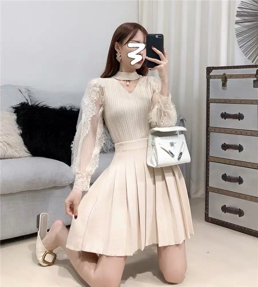 ALPHALMODA Новая мода кружевной фонарь рукав яркий Шелковый вязаный обтягивающий свитер изящный женский милый кружевной свитер Мода Outfi