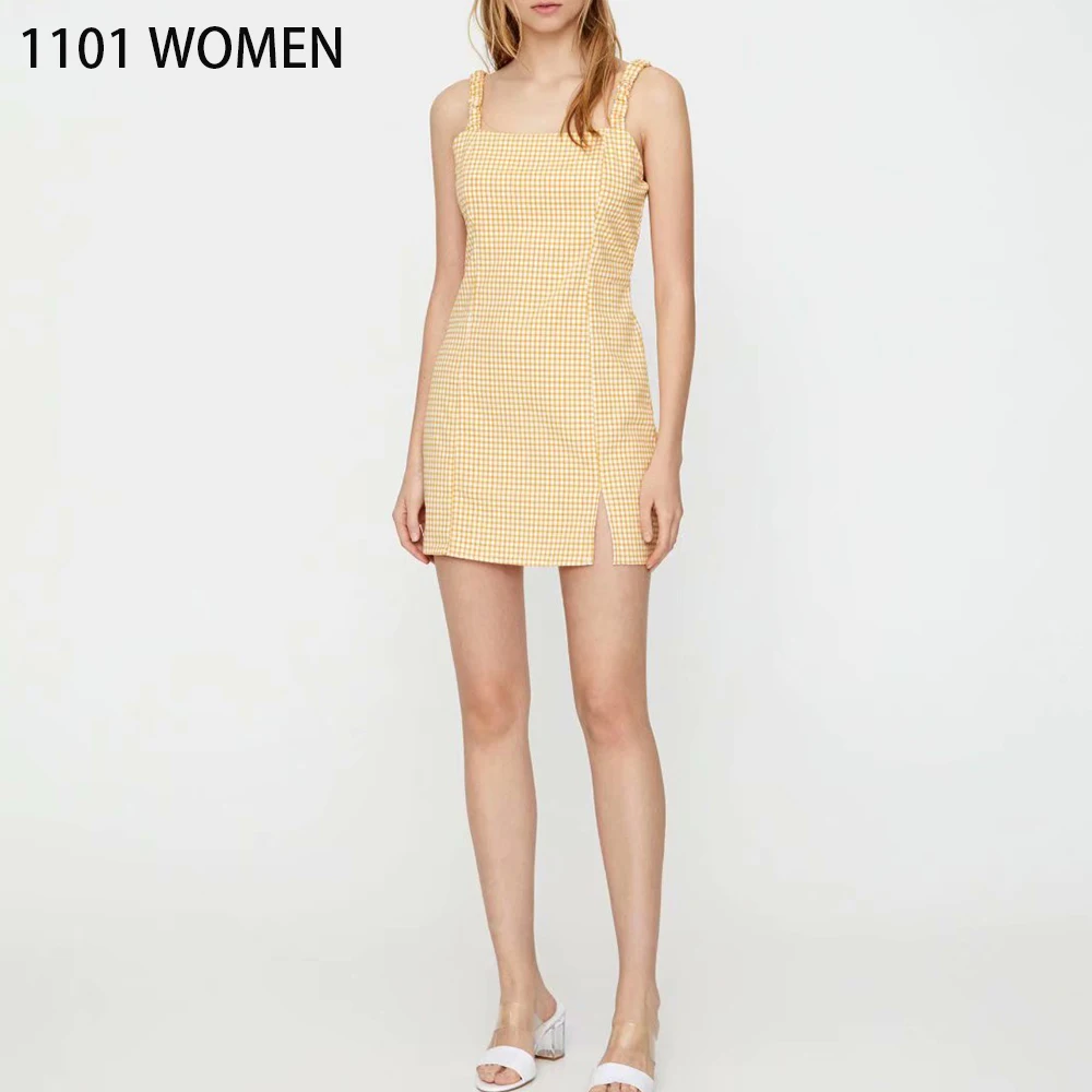 Женское платье на тонких бретельках желтое/Белое Повседневное Платье До Колена