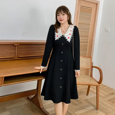 

Женское платье с отложным воротником, кружевное черное платье большого размера с вышивкой