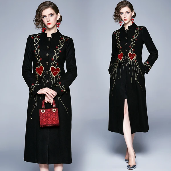 Women's New Wool Coat European Women Plus size autumn winter Runway Embroidery wool Maxi overcoat Parka Maxi Coats C3591