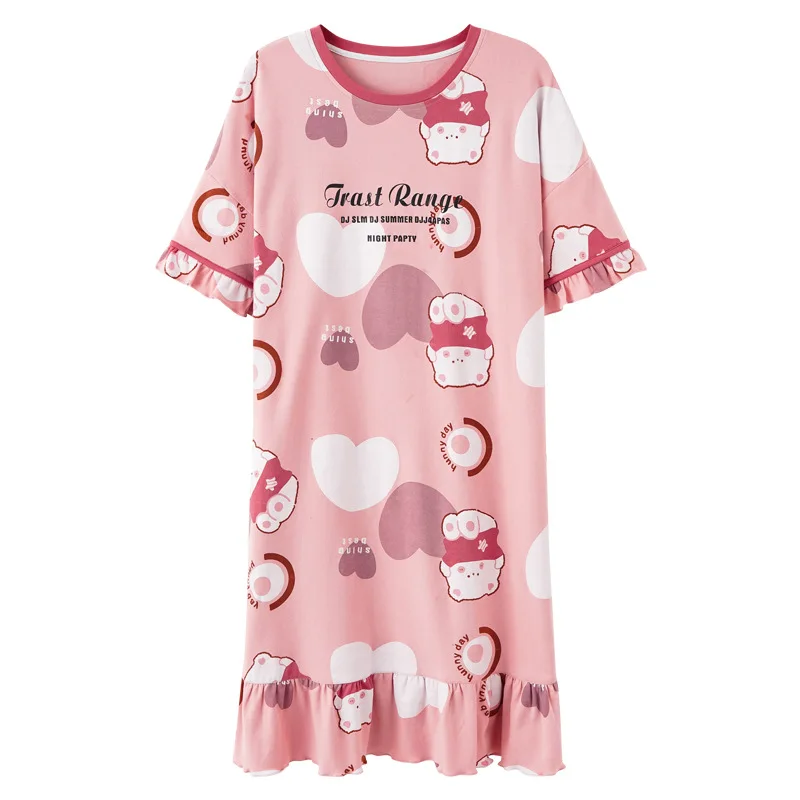 

Sweet Pink Nightgown Casual Night Dress Short Sleeve Ruffle Sleepwear Breathable Cotton Sleepdress Summer Skirt Women's Homewear