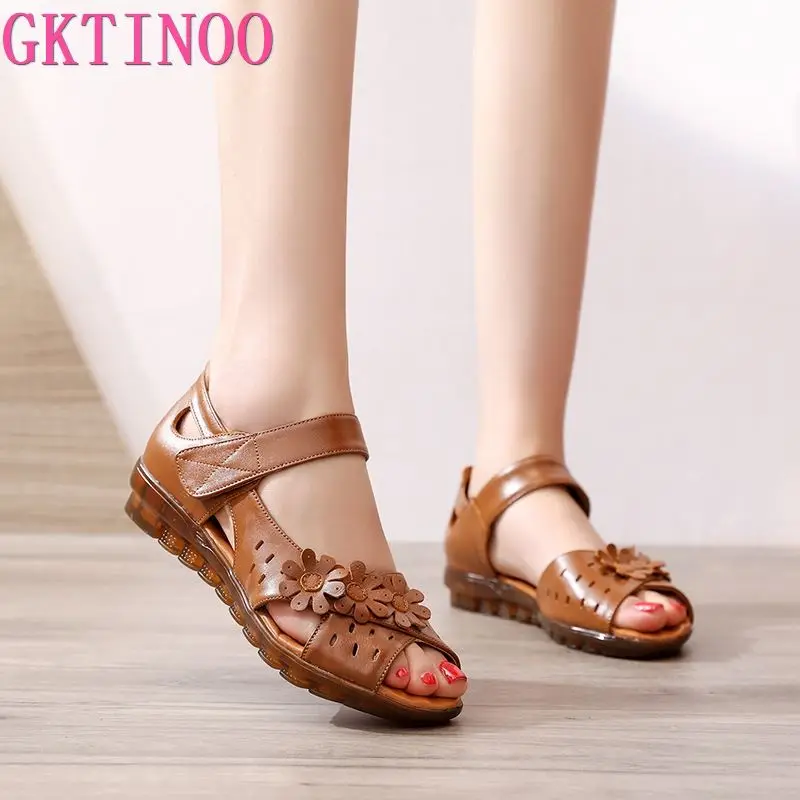 

GKTINOO Genuine Leather Peep Toe Ladies Sandals Summer Shoes Women Low Heel 2022 Hook & Loop Soft Comfort Flat Sandals Woman