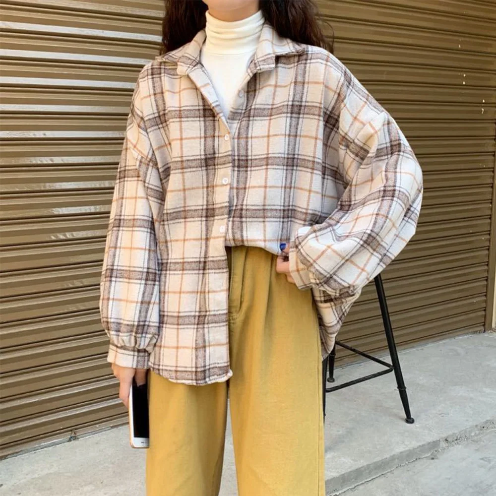 

Women Blouses Turn-down Collar Spring Shirts Plaid All-match BF Batwing-sleeve Loose Outwear Harajuku Female 4 Colors Chic New