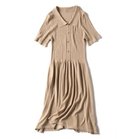 quality ice silk summer turn down collar solid knit knee length dresses high street empire style button party holiday dresses