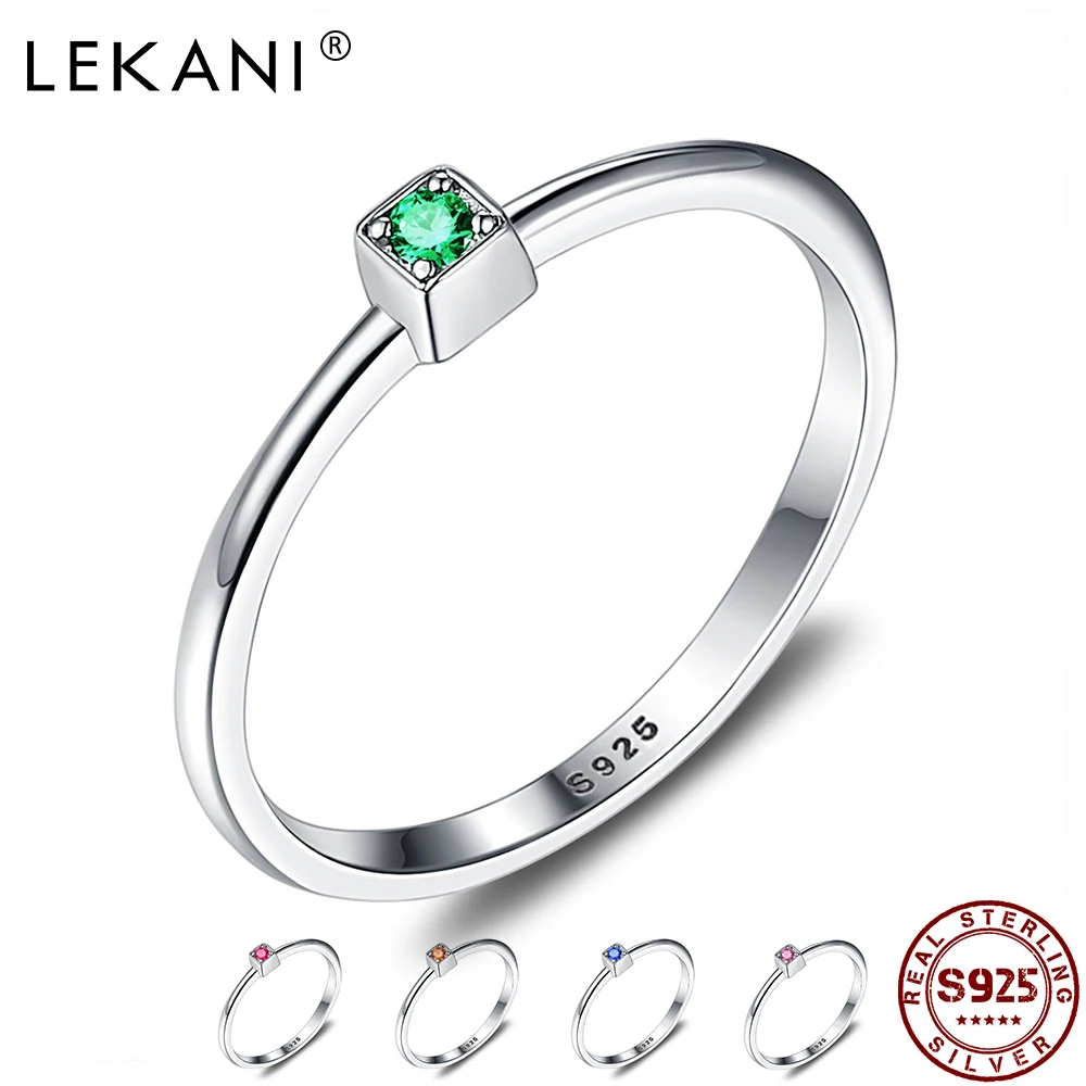 

LEKANI Genuine 925 Sterling Silver Rings Green Topaz Wedding Ring For Women Minimalist Thin Circle Gem Carving Fine Jewelry New