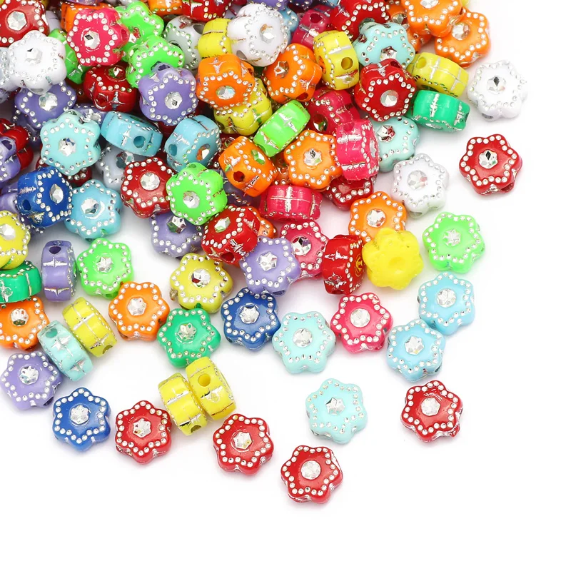 

100pcs 7x4mm Mixed Color Flower Shape Beads Silver Plated Loose Spacer Acrylic Beads For Jewelry Making Diy Bracelet Supplies