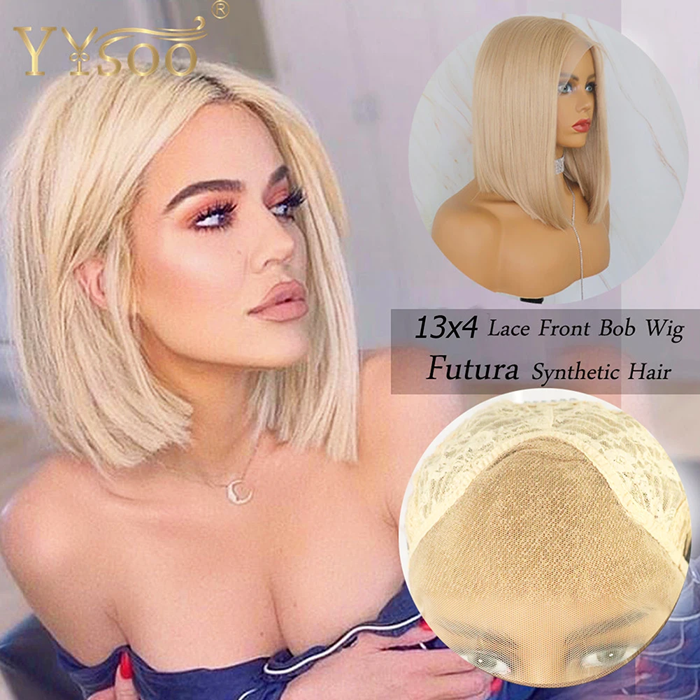 YYsoo Short 103 Blonde Color13x4 Glueless Lace Front Synthetic Wigs For Women Silky Straight Futura Heat Resistant Bob Lace Wig