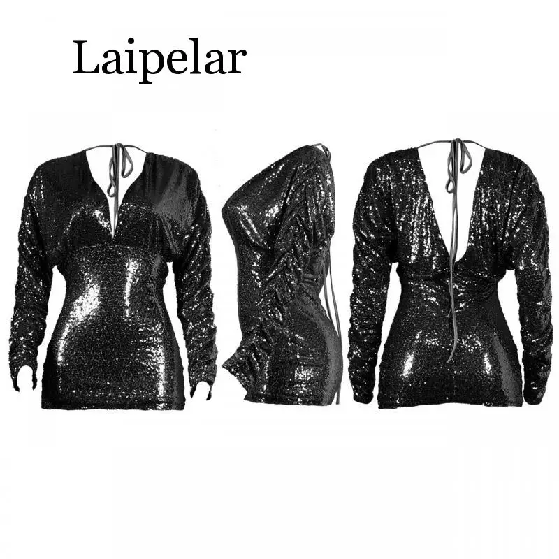 

2020 Sexy V-Neck Sequin Party Dress Clubwear Women Puff Sleeve Bodycon Backless Mini Dress Ladies Evening Party Dress Vestido