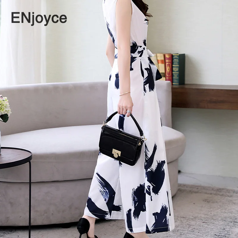 

Summer High Waist Jumpsuit with Belt Women Retro Printed V Neck Sleeveless Ladies Work Wear Wide Leg Loose Jumpsuits Overalls
