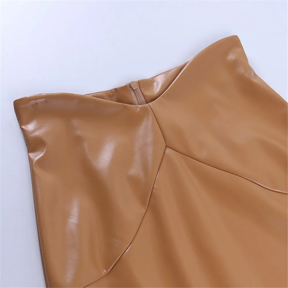 

New Trendy Vogue Casual Women Elegant Retro High Waist Skinny Hip Slim Mini Skirts PU Leather Regular Size White Black Khaki
