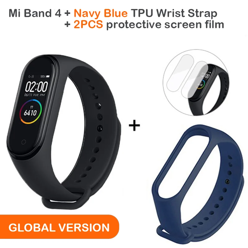 Add Navy Blue Strap Глобальная версия, Xiaomi Mi, 4 смарт-браслет, AMOLED экран, Smartband, фитнес-браслет, Bluetooth, спортивный, водонепроницаемый - Цвет: Add Navy Blue Strap