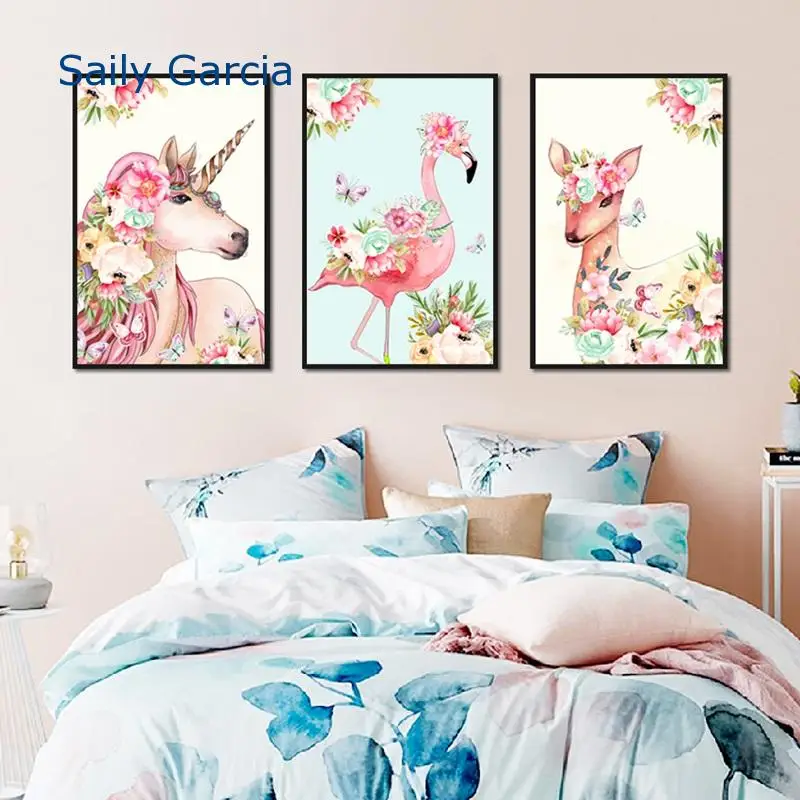 

Watercolor Posters Pink Canvas Painting for Living Room Flamingo Deer Unicorn with Colorful Flowers Modern Home Decoration