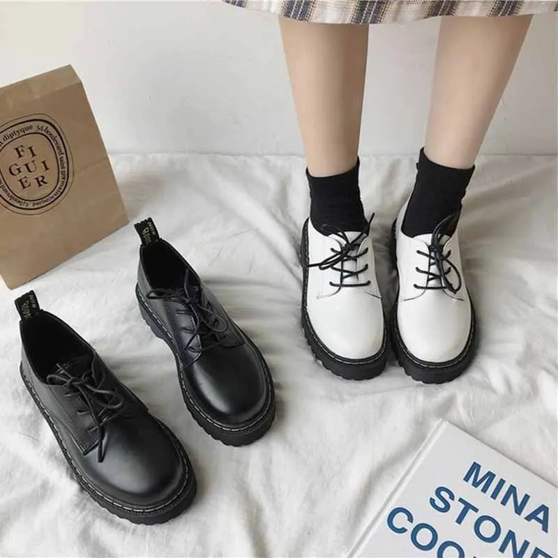

Summer Shoes For Women 2021 Autumn Solid Black Leather Woman Lace Up High Heels Flat Platform Loafers Casual Shoes