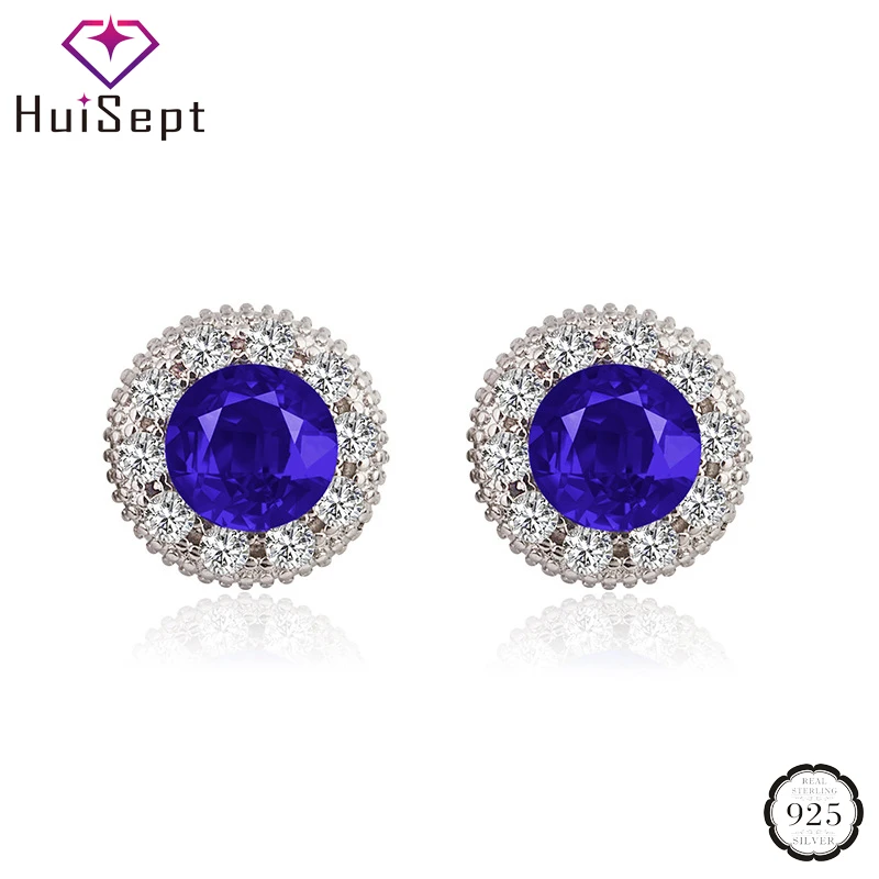 HuiSept Модные женские сережки 925 Серебряная круглой формы сапфировый рубин циркон