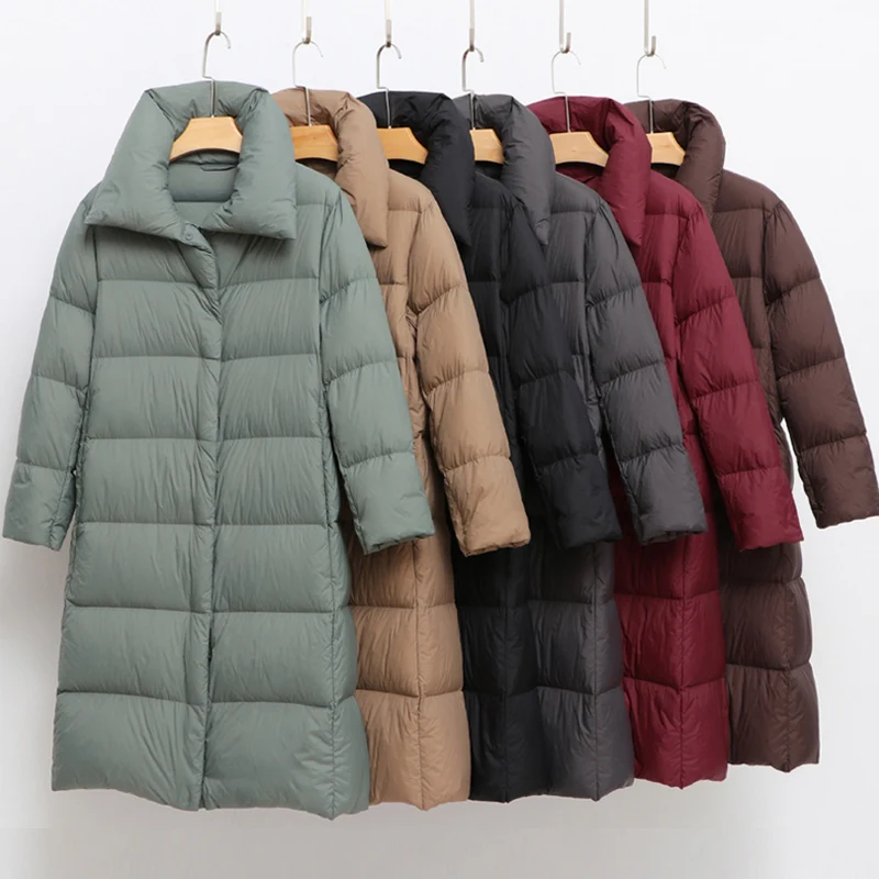 

2021 New Winter Women's Down Bread Coat Duck Filling Warm Ultra Light Elegant Over Knee Puffer Jacket Ladies Overcoat Clothing