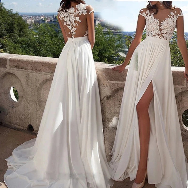 ChuYu 2021 Long A-line Wedding Dress Side Slit Boho Lace Sleeveless See Through Vestido De Novia Formal Occasion High Quality