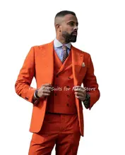 Conjunto de chaqueta y Pantalones naranja para hombre, Blazer de solapa de pico ancho a la medida, traje para boda, fiesta, abrigo + Pantalones + chaleco, 3 piezas (2)