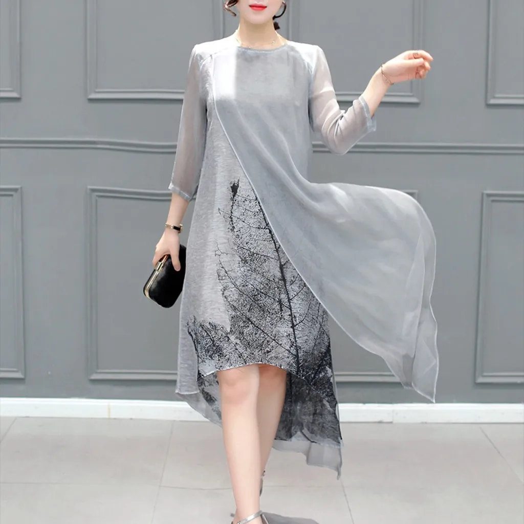 

Evening Gray Midi Dress Women Elegant Women's Casual Print Color Fit And Flare O-neck Streetwear Silk Casual Dress Tunic#G7