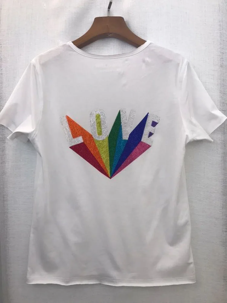 

Women Tshirt 2020 Summer Ladies V-neck T-shirt Colorful Rhinestones Letters Simple Fashion