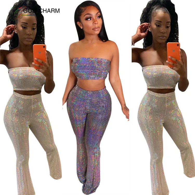 

*S-86971003 2020 new arrivals Wholesale African sexy Bestsale club women outfit bandeau top and flared pant 2 piece set