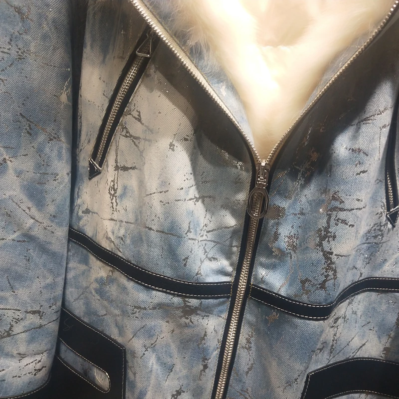 

winter coat women 2020 new arrival down jacket patchwork cowboy clothing with letters hooded with natural real fox fur collar