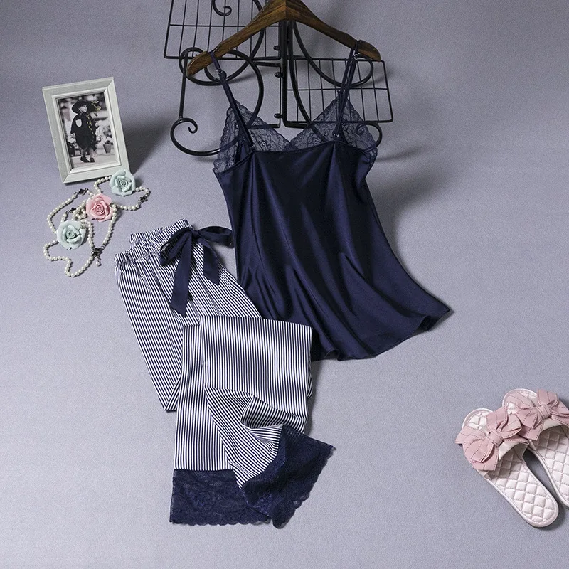 

Pajamas Set Sexy Summer Women Sleepwear Lace V-Neck Pyjamas Loose Casual Nightwear Sleeveless 2PCS Strap Top&Pants Home Wear