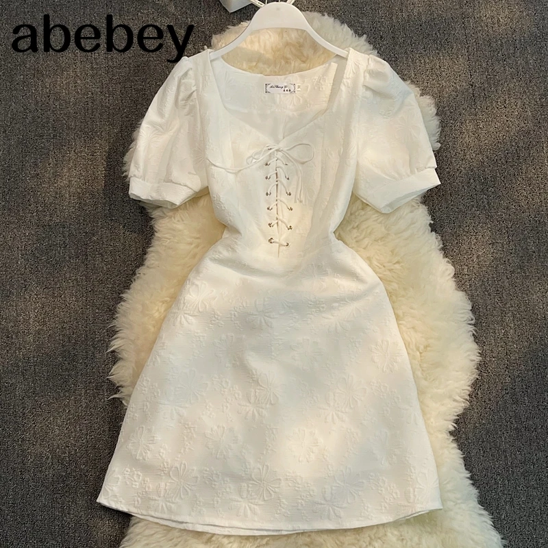 

Women Ruched Satin Dress Korean Puff Sleeve Party Dresses 2021 Summer Sexy Streetwear Short Dress