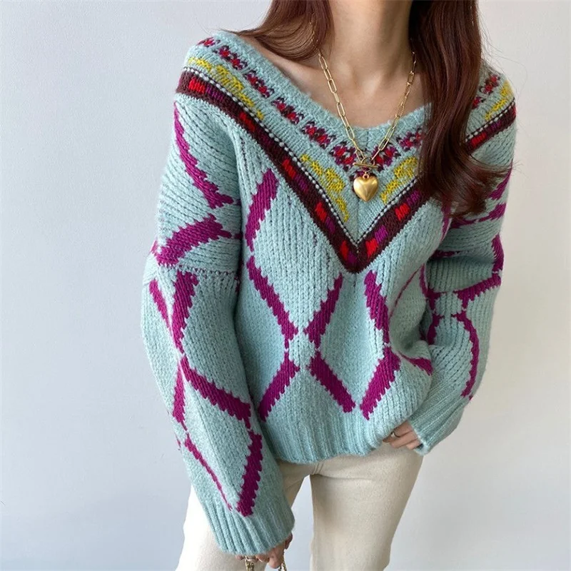 

Модный корейский свитер для женщин Зимняя одежда женский свитер с V-образным вырезом жаккардовые вязаные свободные свитера
