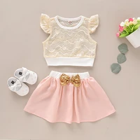 knitted hollow fashion girls tops and bow skirt 2pcs children set summer flying sleeve clothing for kids fancy party girl outfit