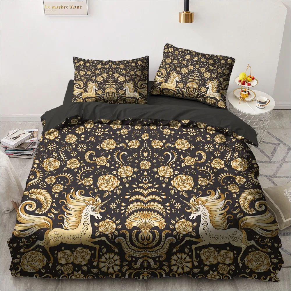 

3D Gold Figure Bedding Set Custom Design Modern Quilt Cover Sets Black Comforther Cases Pillow Slips 200*230cm Full Double Size
