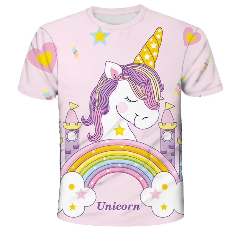 

2021 Summer Unicorn Fashion polyester Boys Girls T-Shirts Children Kids Cartoon Print T shirts Baby unicorn 3D Tops Clothing Tee