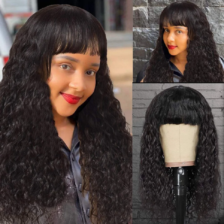 

Deep Wave Full Machine Made Bralizian Human Hair Wigs With Bangs 26 28 30 Inches Long Deep Curly Remy Hair No Lace Fringe Wigs