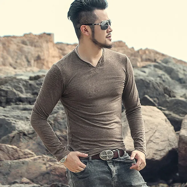 Мужская облегающая футболка с длинным рукавом стильная и роскошная хлопковая